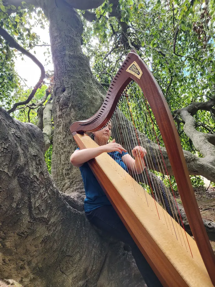 Woman playing harp in a tree